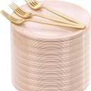 Rubtlamp 200Pcs Plastic Pink Dessert Plates with Disposable Gold Forks,Heavy Duty Pink Disposable Salad Platos,Gold Small Platos,Fancy Appetizer Plates for Mother's Day