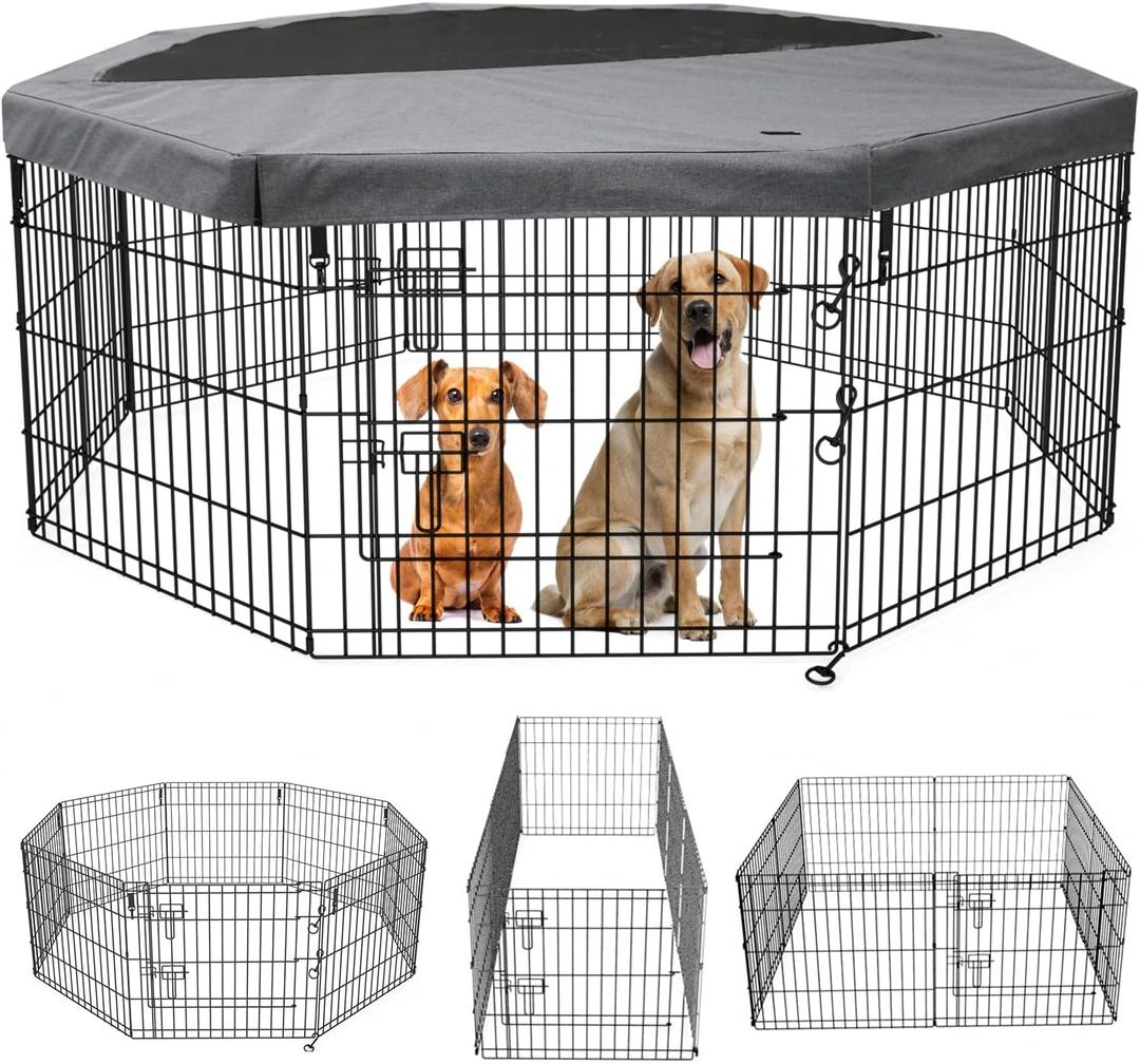 PETIME Foldable Metal Dog Exercise Pen/Pet Puppy Playpen Kennels Yard Fence Indoor/Outdoor 8 Panel 24" W x 24" H with Top Cover (with top Cover, 8 Panels 24" H)