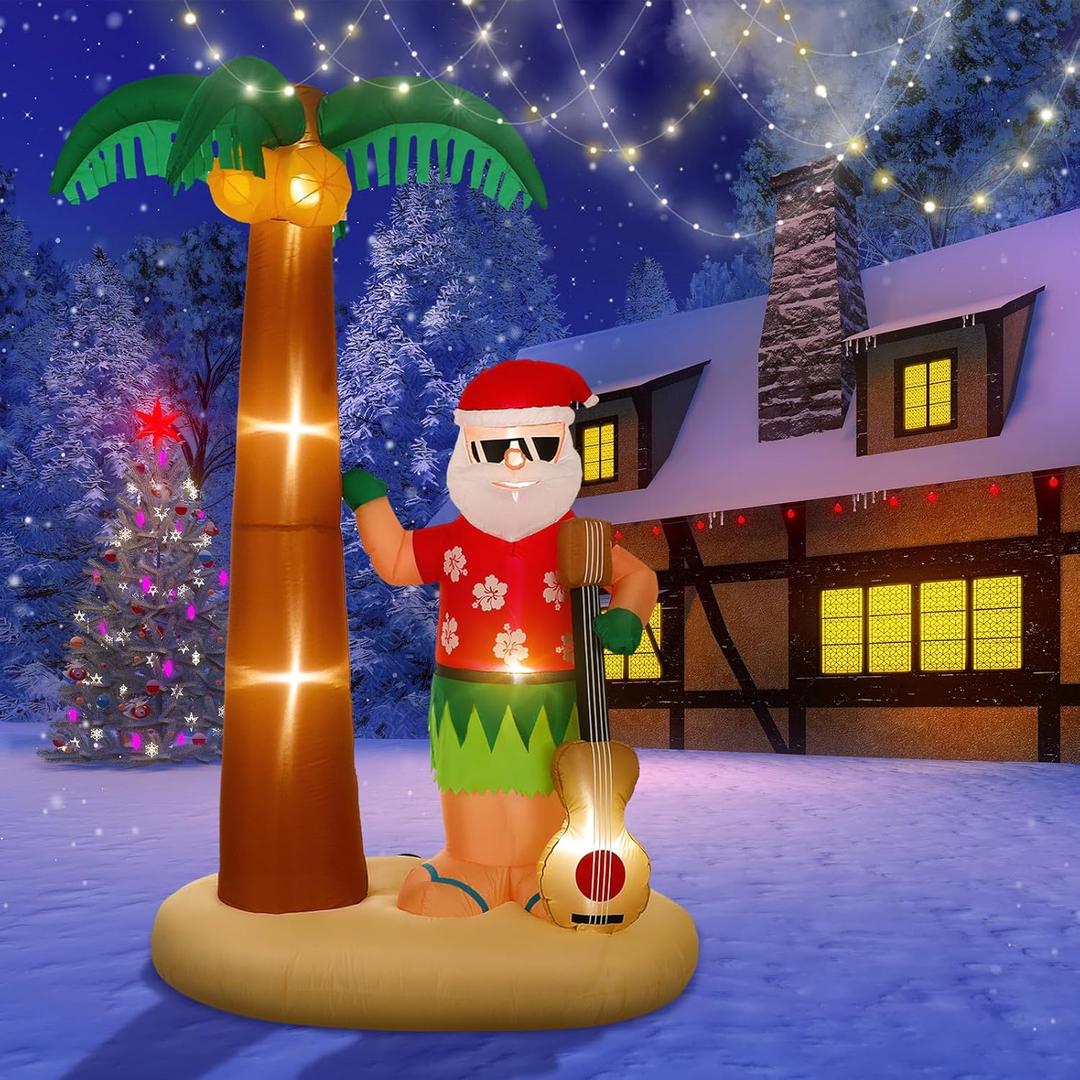 Liliful 8 Ft Tall Christmas Santa Inflatable Outdoor Decorations Hula Santa Claus on Beach Palm Tree Outdoor Xmas Blow Up Yard Decoration with LED Lights for Christmas Party Outdoor Garden Lawn Patio