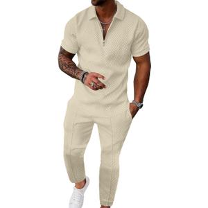 UOUA Men's Sweat Suits Set Tracksuit 2 Piece Outfits Short Sleeve Casual Sweatshirt & Loose Jogging Pants (Large, Beige)