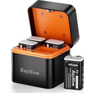 4 Pack 9V Rechargeable Lithium Batteries, 600mAh 9 Volt Long Lasting Power with 4 Slot Battery Charger Storage Box, for Smoke Alarms,Multimeters,Microphones,Walkie-Talkie,Toys