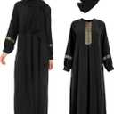 Muslim Abaya Dress For Women with Hijabs Long Sleeve Floral Print Islamic Dubai Long Maxi Dresses (Small, Black)