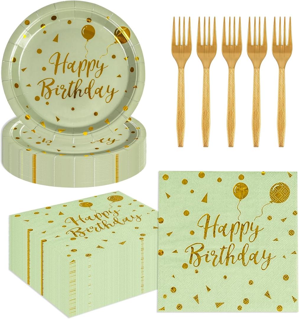 75PCS Happy Birthday Paper Plates&Nakpins,Sagegreen and Gold Disposable Dinnerware 7"Dessert Plates 6.5" Napkins Plastic Forks Tableware Party Supplies for Birthday Wedding Baby Shower Decor Serve 25