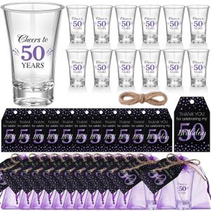 Pickmesh 50 Sets Black Purple Birthday Party Favors for Guests Souvenir Multicolor 50 Years Old Gift Bulk Acrylic Clear 1.2oz Shot Glasses with Thank You Cards and Gift Bags, 40/50/60/70th Birthday