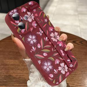 MOWIME Compatible with iPhone 17 Case with Finger Strap, Flower Butterfly Shockproof Soft TPU Protective Cover for Women Girls, Slim Anti Scratch Case for iPhone 17 6.3 Inch, Wine Red