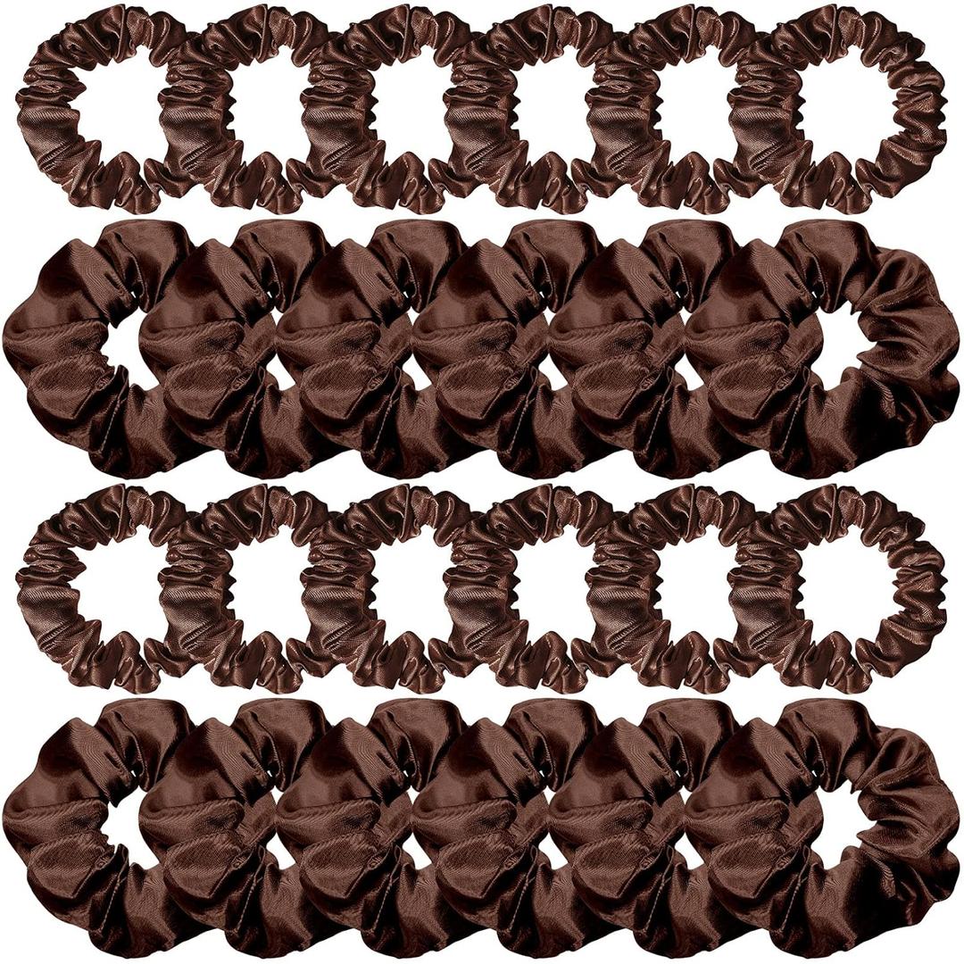 24 Pieces Satin Hair Scrunchies Silky Elastic Hair Bands Skinny Solid Hair Ties Ropes Ponytail Holder for Women Girls Hair Accessories Decorations, 2 Sizes (Coffee Color)