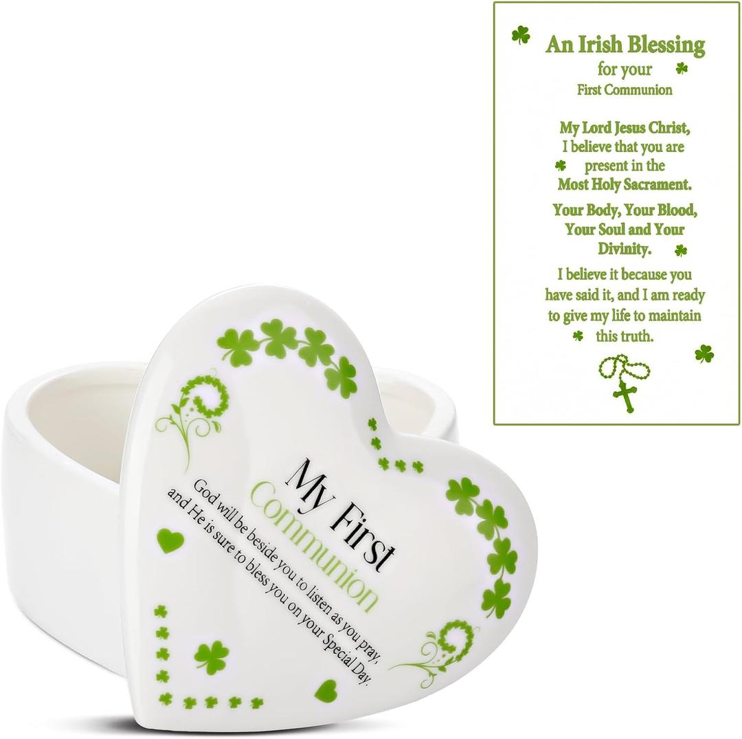 Funtery First Communion Gifts for Girls Ceramic Jewelry Keepsake Box with a Pray Card 1st Holy Communion Gifts for Girls Boys(Heart,Green)
