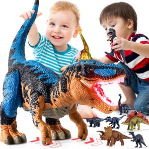 24" Large Dinosaur Toys for Kids 3-5, Big Dinosaur Tyrannosaurus rex Figure Toy with 10+ Dinosaurs Belly Storage, Gliding Wheels, Lights Sounds & Mist Spray  T-Rex that eats Toy for Boys Gift (Blue)