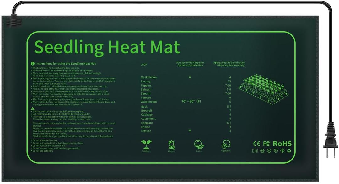 Seedling Heat Mat - 10" x 20.75" Waterproof & Durable Plant Heating Mat for Seed Starting, Boosting Germination, Indoor Gardening, Greenhouse, Home Plant Propagation