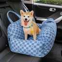 FUNNYFUZZY Car Seat for Small Dogs, Washable Detachable Booster Seat, Comfy Carseat With Storage Pocket, Safety Clip-On Leash, Portable Travel Pet Carrier Bed, Up to 25lbs (Blue Heart Checkerboard)