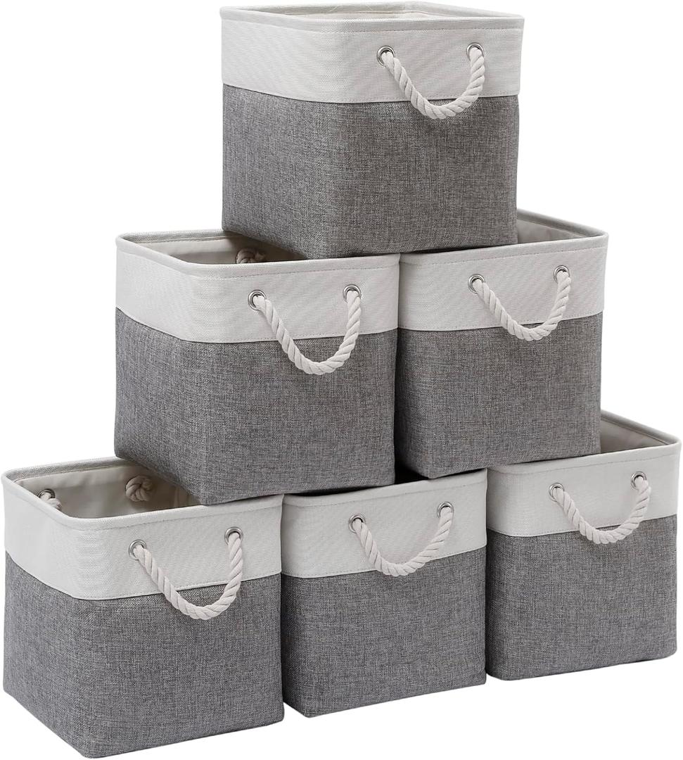 Cube Storage Bins, 6 Pack Collapsible Fabric Storage Cubes, 11 Inch Cube Organizer Bins with Handles (White/Gray) (10.5*10.5*11inch)