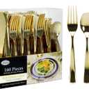 Gold Plastic Silverware Set, 160 Count, Extra Heavy Duty Flatware, Disposable Cutlery Utensils, 80 Forks, 40 Spoons, 40 Knives, Polished Gold, Bulk Pack