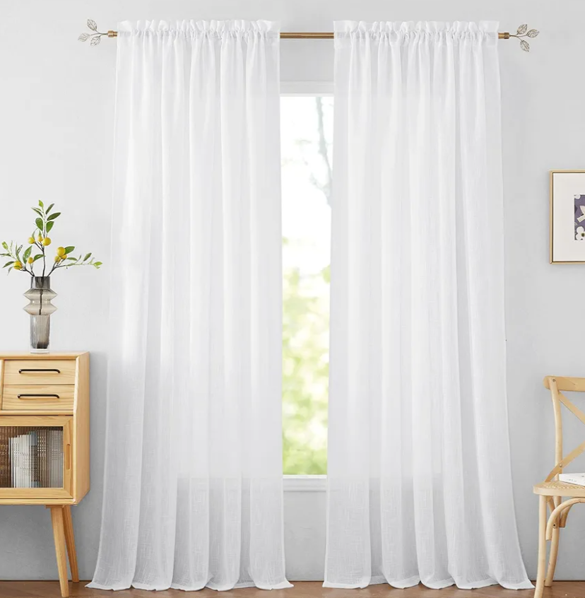 RYB HOME White Curtains Linen Textured Sheer Light Filtering Semi Sheer Curtains 84 inches Long Half Privacy Window Drapes for Living Room Bedroom Dining, Length 84 by Width 52 inch, 2 Panels Set