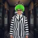 Utaomld Black and White Vertical Striped Suit 4Pcs with Jacket Pants Tie Wig Men Women Halloween Costume Cosplay Outfit (XX-Large)