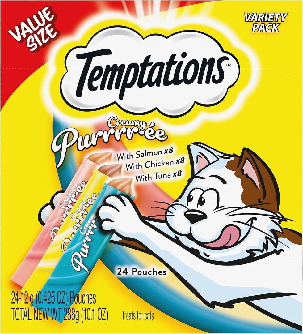 Temptations Creamy Puree Variety Pack of Squeezable Cat Treats, 0.42 oz. Tubes, 24 Count