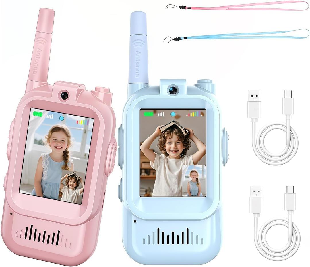 Video Walkie Talkies for Kids, Rechargeable Walkie Talkies for Kids, 300 Meter Transmission Distance, Indoor and Outdoor Real-Time Video and Call, Gift for Boys and Girls Aged 3-12 (Blue and Pink)
