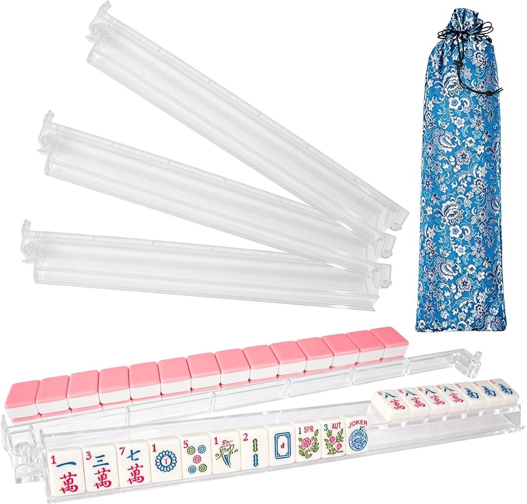 Non-Slip Mahjong Racks with Pushers, Set of 4 Clear Acrylic Tile Holders for American Mahjongg, Mahjong Accessories and Storage Bag, Transparent Mahjong Racks (Clear)