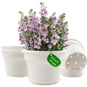 Pottiffe 13 Inch Plastic-Flower-Pot-for-Indoor-Plants, 4 Pack Large Outdoor Planter Pot with Drainage Holes & Saucers, Resin Decorative Garden Pots Planters