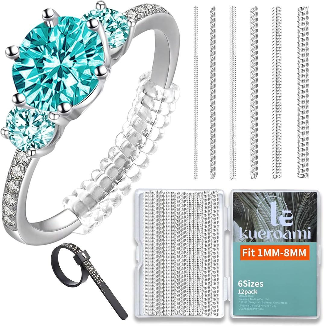 4 x Ring Size Adjuster for Loose Rings,12 Pack-6 Sizes Ring Guards Fitter Resizer,Invisible Coil Wrap Ring Tightener for Women & Men, Spacers Inserts Make Rings Smaller Without Resizing (Clear)