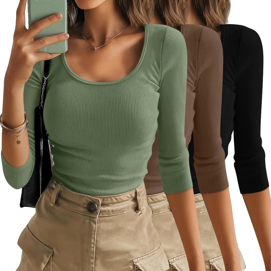 3 Pack 3/4 Length Sleeve Tops for Women Ribbed Scoop Neck Slim Fitted T-Shirts Summer Casual Basic Tight Tees (Large, Black, Matcha Green, Khaki)