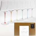 Saludi Colored Stem Wine Glasses - Set of 6 Hand Blown - Mixed Color Stems That Won’t Chip - For Red And White Wine - Dishwasher Safe - Gift Ready