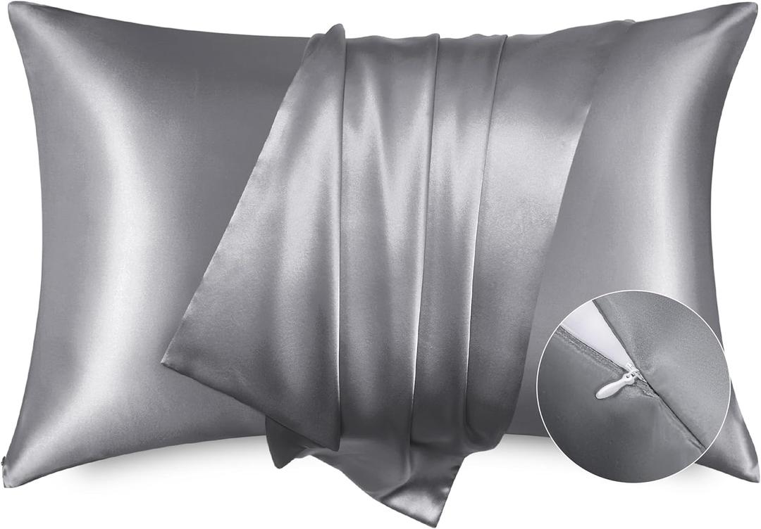 Bedsure Satin Pillowcase with Zipper, Similar to Silk Pillow Cases 2 Pack, Silky & Soft Satin Pillow Cases Standard Size for Hair and Skin, Dark Grey Pillow Covers, Gifts for Women Men, 20x26 Inches