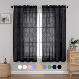 Aiyufeng Black Sheer Curtains 63 Inch Length for Bedroom Living Room, 3D Floral Clip Jacquard Light Filtering Semi Sheer Curtain Transparent Rod Pocket Window Drapes, Each 54Wx63L Inch, 2 Panels