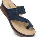 TEMOFON Women Summer Flip Flops Comfortable Wedge Sandals - Dressy Casual Slip on Sandals - Navy Blue Orthopedic Walking Sandals Size 5