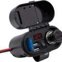 BlueFire 5V/3A Dual USB Charger Socket Waterproof Motorcycle Handlebar & Rear View Mirror Clamp Power Adapter Charger with Cigarette Lighter Socket, Voltmeter for Phones/Tablets/GPS (Black 1)