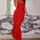 Women's Sexy V Neck Tie Halter Mesh Ruffle Hem Ruched Bodycon Cocktail Party Maxi Dresses (Red, M)