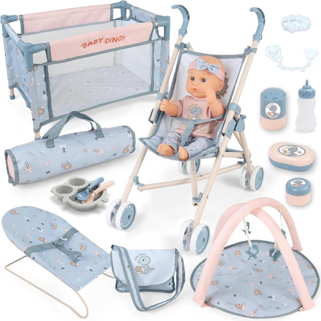 deAO Baby Doll Set,12 inch Doll Playset with Doll Stroller Crib Bed Nursery Role Play Set Accessories and Play Mat,Foldable Stroller and Travel Bag,Birthday Gifts for Girls
