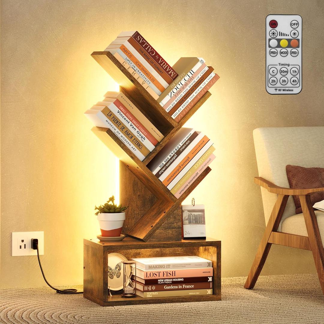Hoctieon 3 Tier Tree Bookshelf with LED Lights, Small Bookcase with Drawer, Desktop Organizer Book Shelf, Display Floor Standing Storage Shelf, for Living Room, Bedroom, Office, Rustic Brown