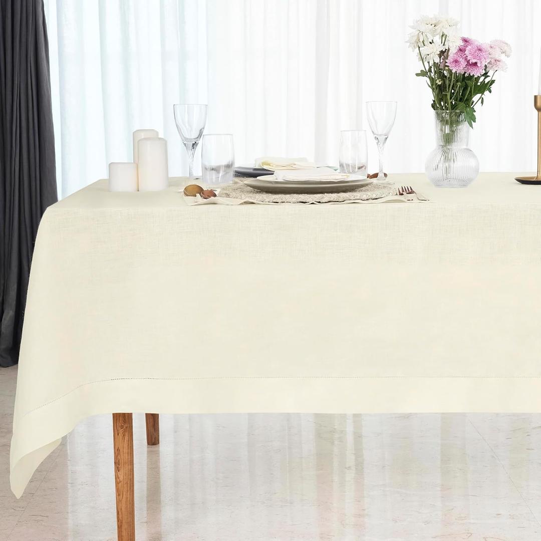 D'Moksha Homes Ivory Linen Tablecloth 60 x 108 Inch - 100% Pure Linen Ivory Table Cloth for Rectangle Tables - Classic Hemstitch, Machine Washable Tablecloth for Mothers Day, Spring