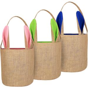 3 PCS Easter Eggs Hunt Basket for Kids Canvas Bunny Basket Egg Bags Rabbit Fluffy Tails Party Celebrate Decoration Gift Toys Carry Bucket Tote