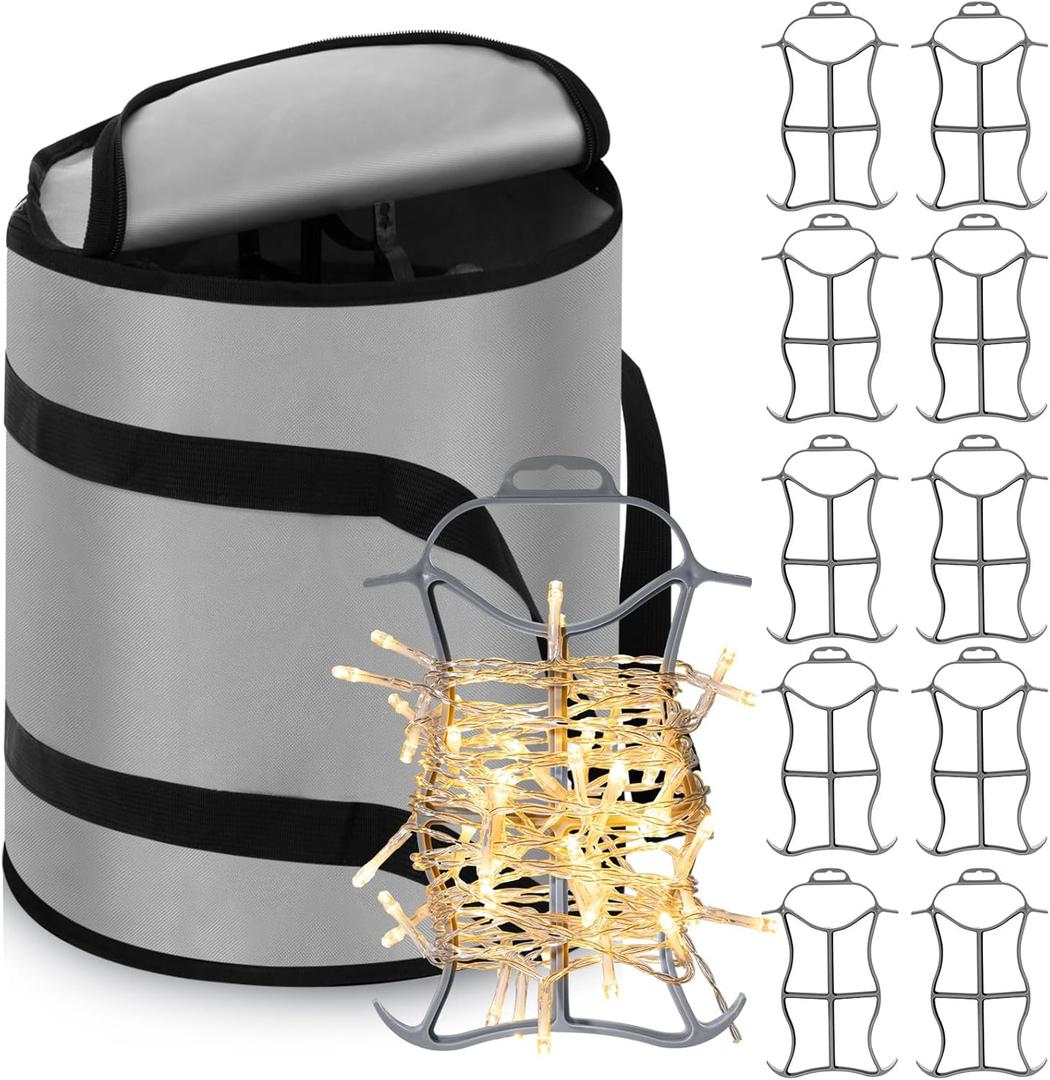 Shihanee 10 Pcs Christmas Holiday String Lights Storage Organizer and 1 Storage Bag Containers Light Cord Rope Reel Organizer Wraps(Gray)