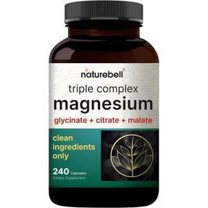 NatureBell Magnesium Complex for Women & Men 1,000mg Per Serving 240 Capsules Triple Magnesium Complex with Glycinate, Citrate & Malate Chelated & Purified NonGMO, Filler Free