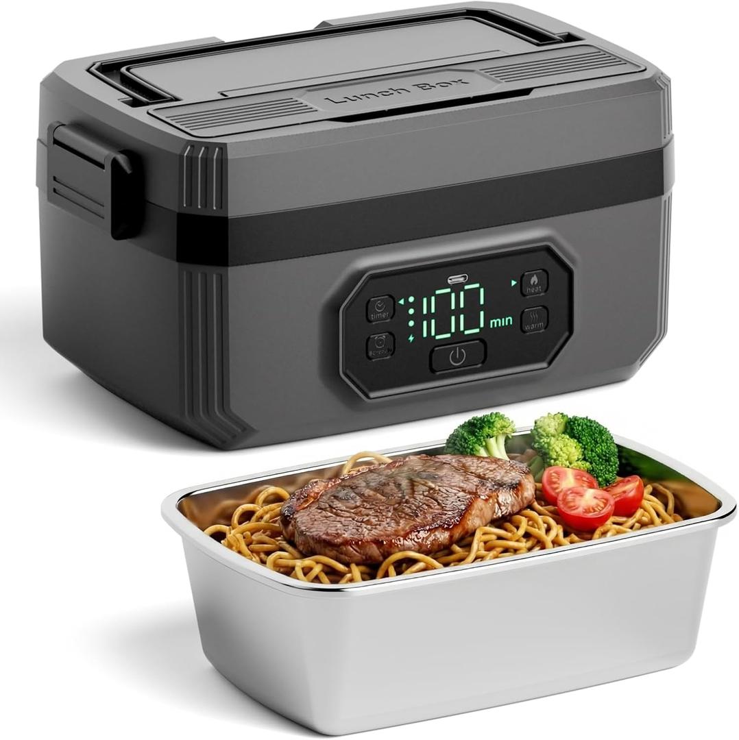 LIFECREEK Cordless Electric Lunch Box for Adults, 1.2L Stainless Steel Container, 21000mAh Rechargeable Heated Lunch Box Food Warmer with Timer & Adjustable Heating for Office Car Outdoor