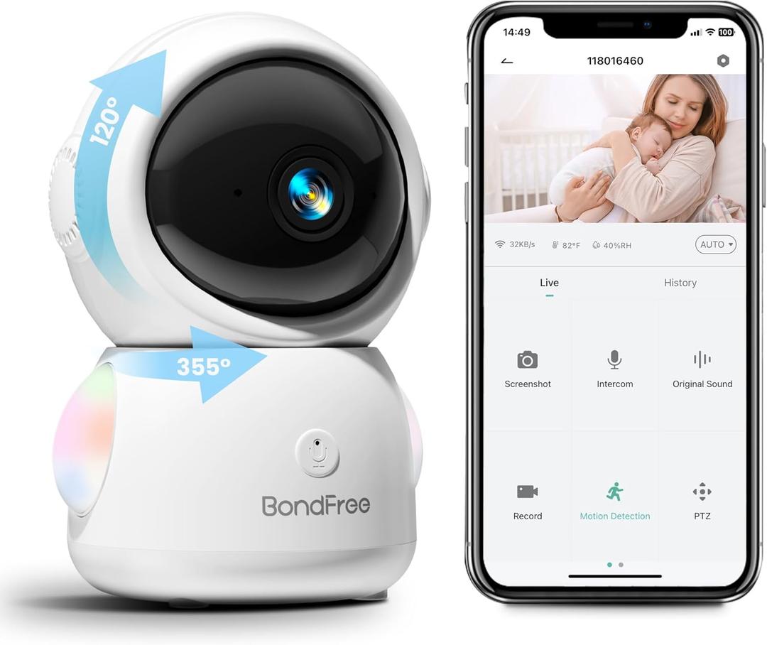 BondFree Baby Monitor with Camera and Audio 2K, RGB Night Light, Baby Monitor WiFi Smartphone 2.4Ghz 5Ghz for Nursery, Scan Code Bluetooth Connection, 355 Rotation, Compatible with Alexa Google Home (White)