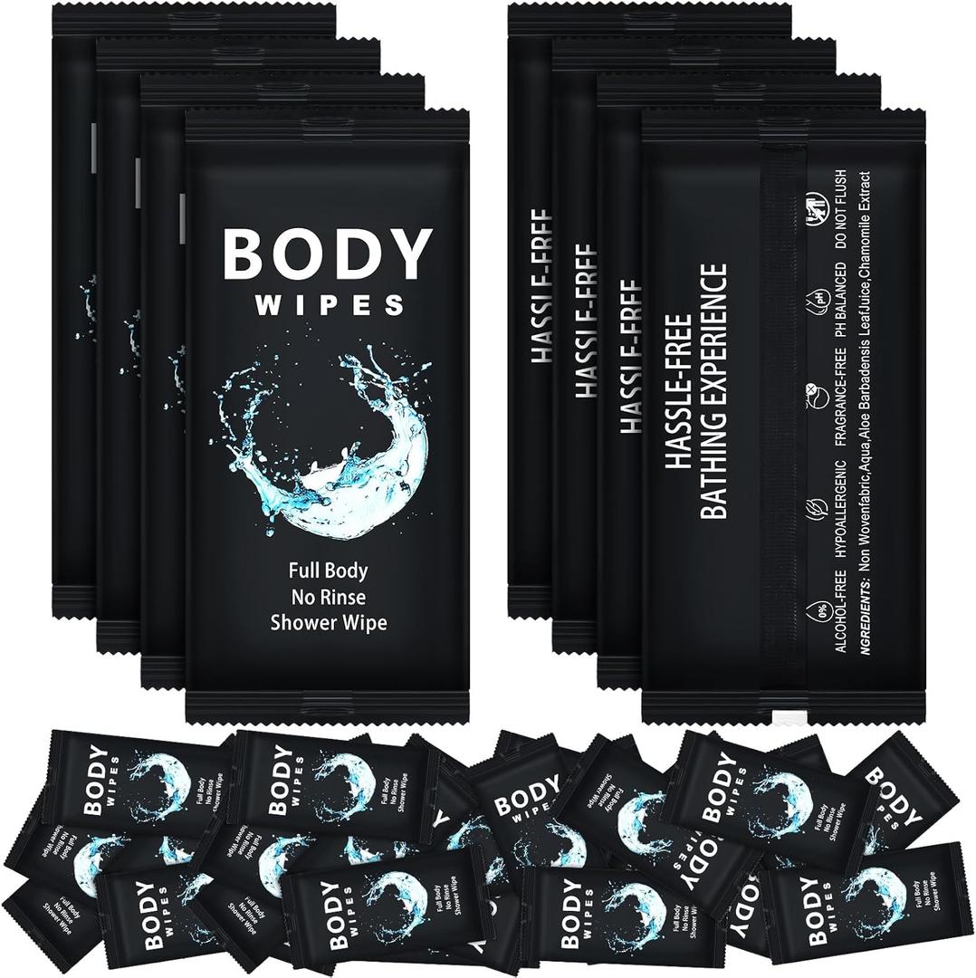 Treela 300 Pcs Large Body Wipes Bulk Deodorant Travel Size for Homeless Care Package Supplies Individually Wrapped Adults Bathing No Rinse Wet Wipes Men Women Hygiene Items(7.09" X 9.84",Black)