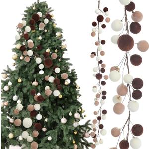 6 ft Christmas Ball Ornament Garland Christmas Bauble Hanging Ornament Neutral Velvet Bulb Ball Garland for Xmas Tree Table Mantel Staircase Indoor Outdoor Decor(White, Brown, Dark Brown)