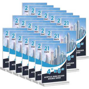 Acrylic Sign Holder 4x6, 21 Pack Clear Table Menu Vertical Double Sided Display, Plastic Menu Stand Paper Holder Suitable for Restaurants Office Store Show Fair