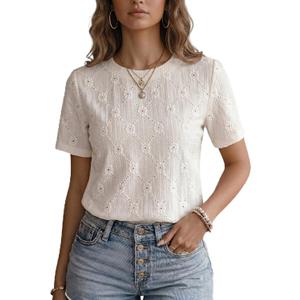2 x Dokotoo Women's Tops Casual Scoop Neck Short Sleeve Eyelet Embroidered Hollow Out Blouses Shirts (White, L)