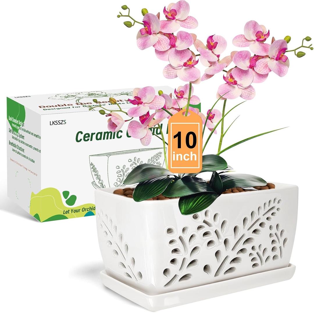 Ceramic Orchid Pot, 10 Inch Orchid Pots with Holes, Premium Thickened Handmade Glazed Pot for Orchidaceae Plants, Indoor Outdoor Decorative Flower Pots for Easy Repotting (Retro White)