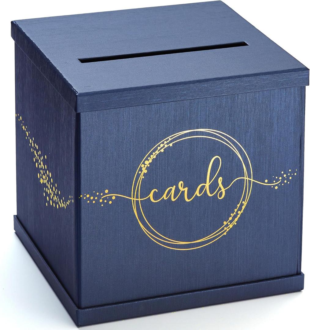 Blue & Gold Card Box, Large 10 Navy Gift Card Box for Party, Graduation, Wedding Reception, Bridal & Baby Shower, Sweet 16, Funeral, Birthday, Quinceanera, Retirement, Envelope Holder, Money Basket