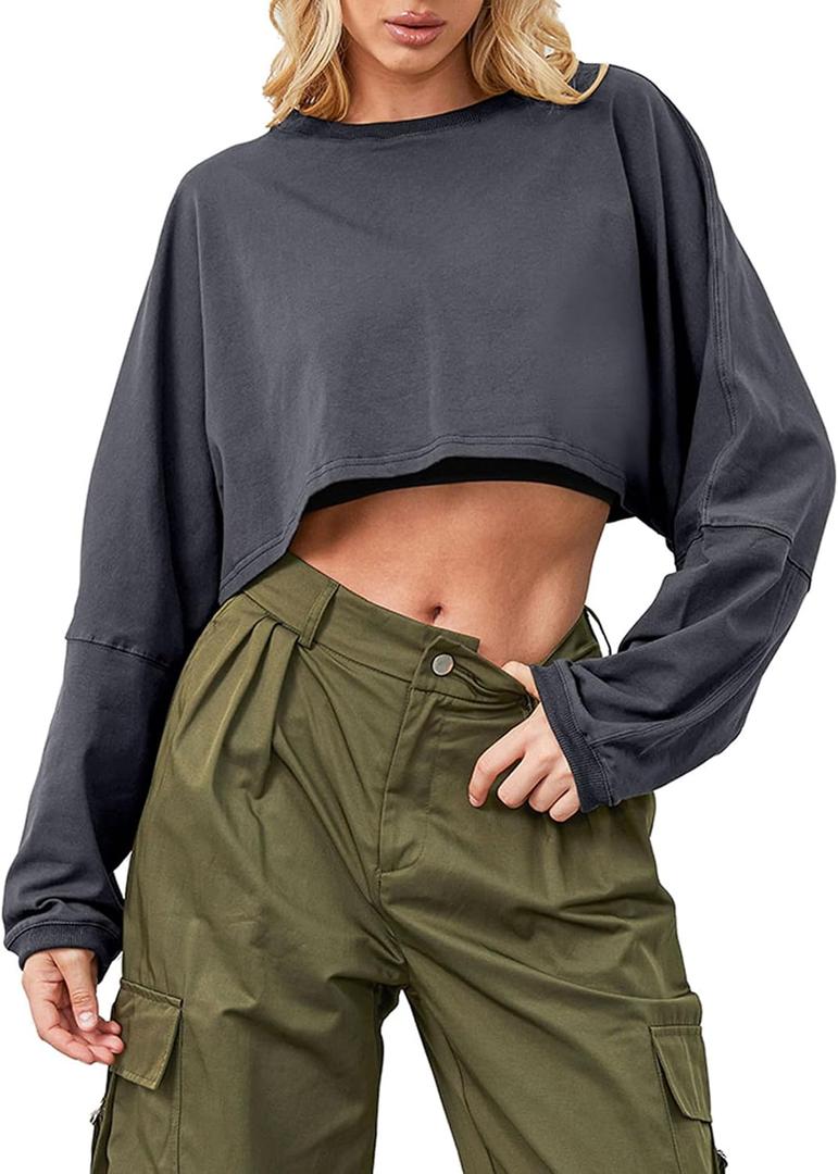 Ziesexy Cropped Sweatshirt Long Sleeve Crop Top Workout Oversized Sweatshirt Loose Crop Tops For Women Crewneck Sweatshirt