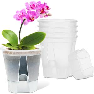 Plant Pots 6 inch Set of 5, Self Watering Pots for Indoor Outdoor, Self Watering Planters Flower Pots with Drainage Hole and Saucer Reservoir (Clear)