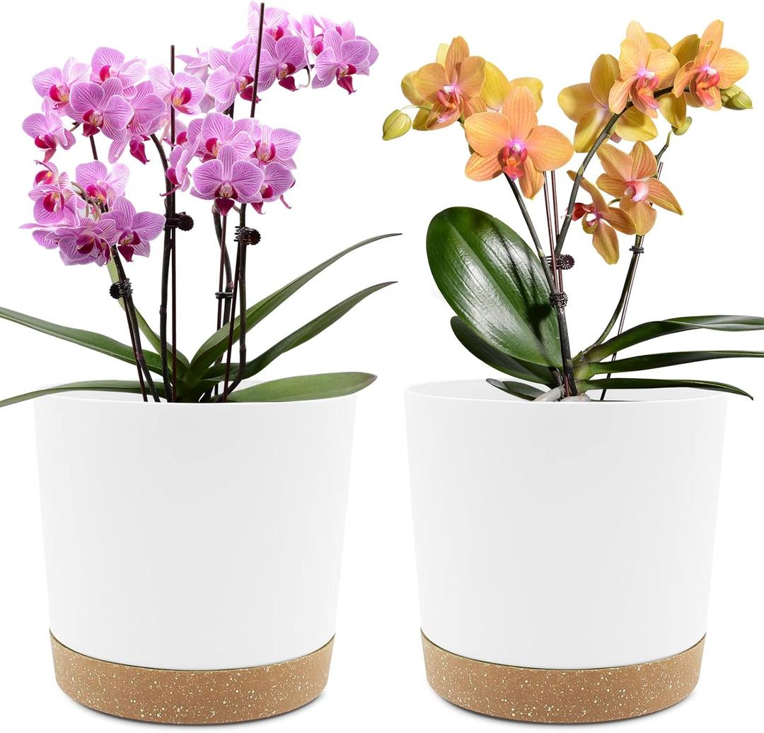 QCQHDU 8 inch Plant Pot, 2 Pack Planters for Indoor Plants with Drainage Holes & Saucer, Outdoor Flower Pots Home Garden Modern Decor (White)