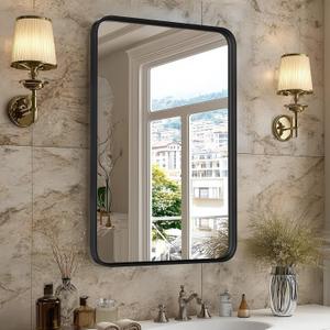 Sweetcrispy Bathroom Mirror 30x22 Inch Black Metal Framed Rounded Rectangle Vanity Mirror for Wall, Over Sink, Farmhouse, Restroom, Anti-Rust, Modern Decorative, Horizontal or Vertical Hanging
