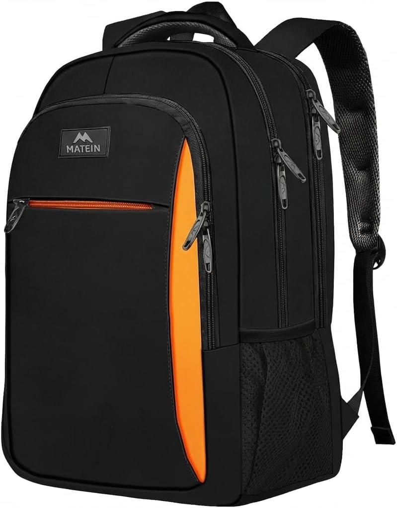 MATEIN Travel Laptop Backpack, Slim Sturdy College Laptops Backpack, Business Anti Theft Water Resistant Computer Bag Gift for Men & Women Fits 15.6 Inch Notebook (Black Orange)