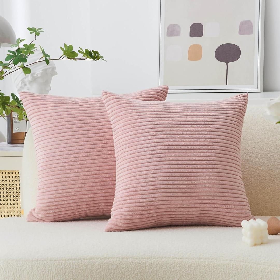 Home Brilliant Pink Throw Pillows for Sofa Euro Sham Striped Corduroy Velvet Pillow Covers 60x60 cm Set of 2 Cushion Cover for Couch Decor, 24 x 24 inch, Baby Pink